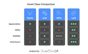 Asset class comparison chart showing land outperforming stocks, gold, and REITs in appreciation, utility, stability, and inheritance. Analysis by Kushal Dev Rathi.