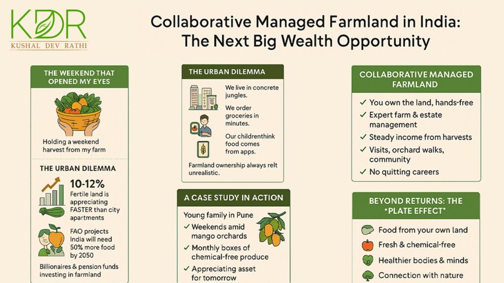 Infographic explaining collaborative managed farmland in India and its wealth opportunity by Kushal Dev Rathi
