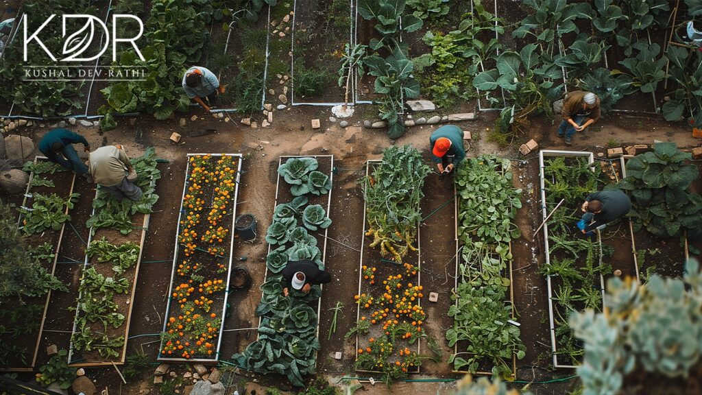 Top view of managed farmland estate in India with multiple crop beds and urban farmers, interacting with Kushal Dev Rathi