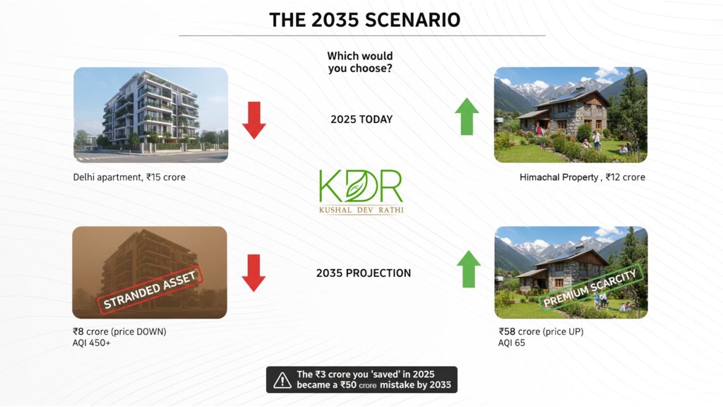AQI investment 2035 scenario projection comparing urban Delhi property declining from 15 crore to 8 crore stranded asset with AQI 450 versus Himachal clean air property appreciating from 12 crore to 58 crore premium scarcity demonstrating long-term AQI vs ROI investment thesis by Kushal Dev Rathi