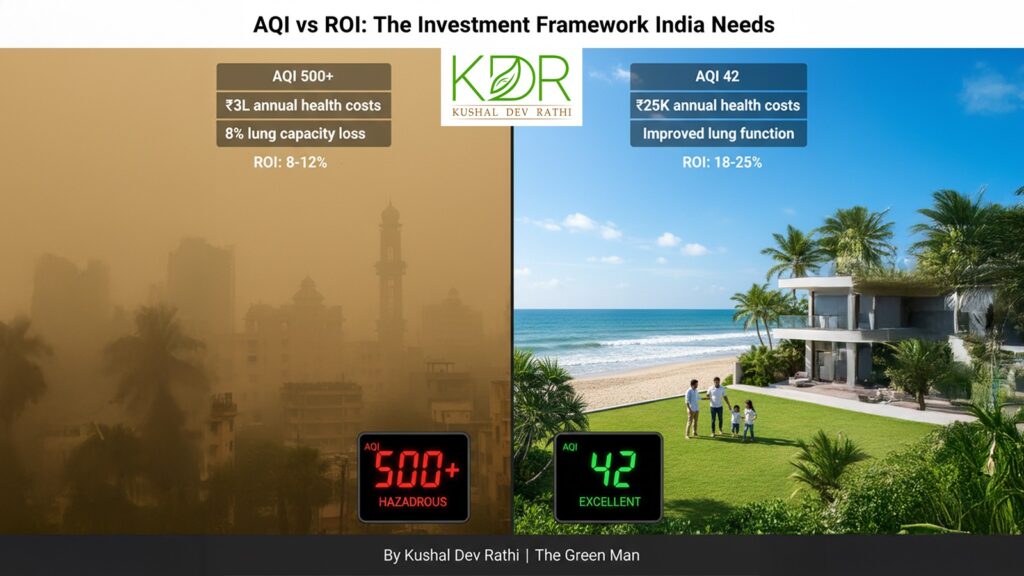 AQI investment hidden cost comparison infographic showing ROI-focused urban property at 15 crore with 30 lakh health costs delivering 114% return versus air quality focused property at 12 crore with minimal health costs delivering 515% return demonstrating superior AQI investment performance