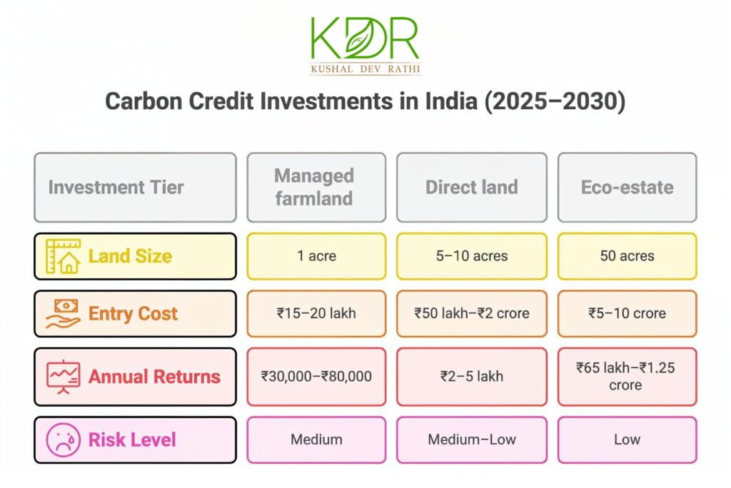 Carbon credit investment India comparison of managed farmland, direct land, and eco-estate returns 2025–2030