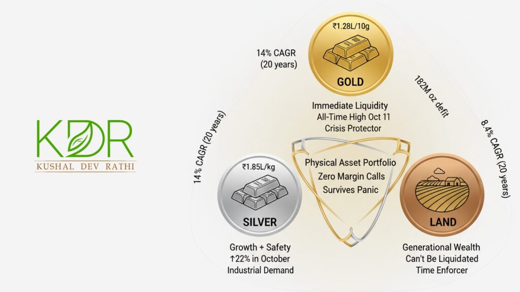 Gold silver land asset trinity showing gold 1.28 lakh silver 1.85 lakh land investment physical asset portfolio India strategy