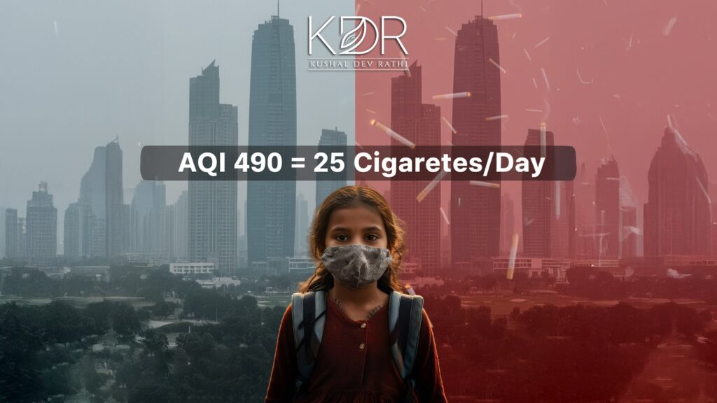 Gurugram air quality real estate crisis showing skyline with cigarette smoking equivalent visualization for children health by Kushal Dev Rathi