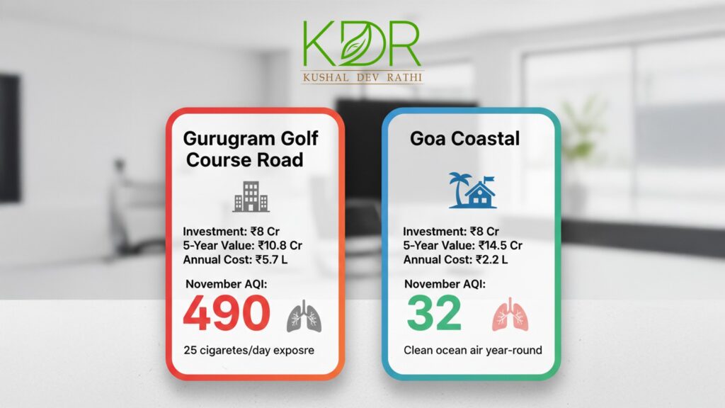 Gurugram air quality real estate investment comparison showing 8 crore NCR apartment versus Goa coastal property ROI analysis