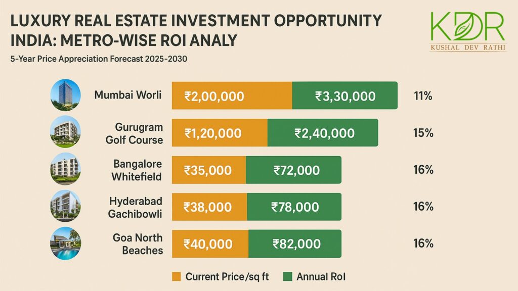 Luxury real estate investment opportunity India metro-wise price comparison chart showing per square foot rates, 5-year projections, and annual ROI across Mumbai, Gurugram, Bangalore, Hyderabad and Goa markets