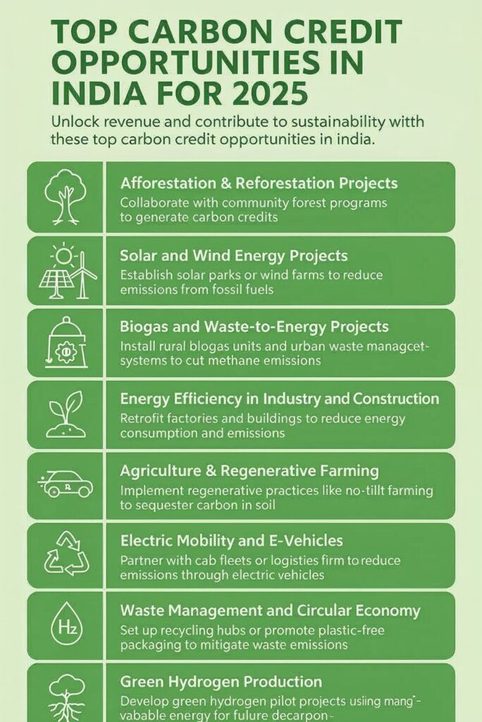 Top carbon credit investment India opportunities for 2025 including afforestation, solar, waste-to-energy, and green hydrogen.