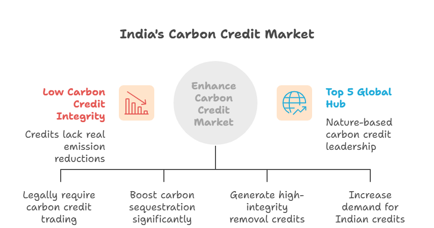 Infographic showing key statistics about carbon credit in India, including market size projections, legal sectors under compliance, forest cover potential, agroforestry advantages, EU carbon tax timelines, and global carbon integrity data.
