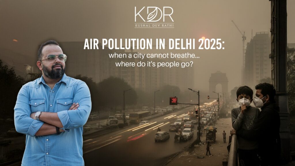 Smog-filled Delhi skyline during winter showing severe air pollution in Delhi with low visibility and toxic haze covering buildings and roads.