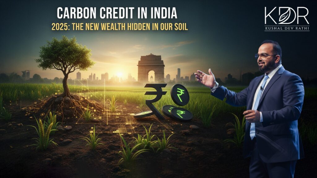 Illustration representing carbon credit in India, showing land, forests, soil regeneration, and climate-friendly investment concepts.
