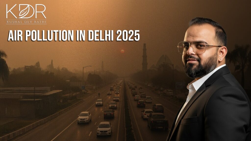 A visual banner showing 5 powerful insights about air pollution in Delhi with highlighted AQI and health impact data.