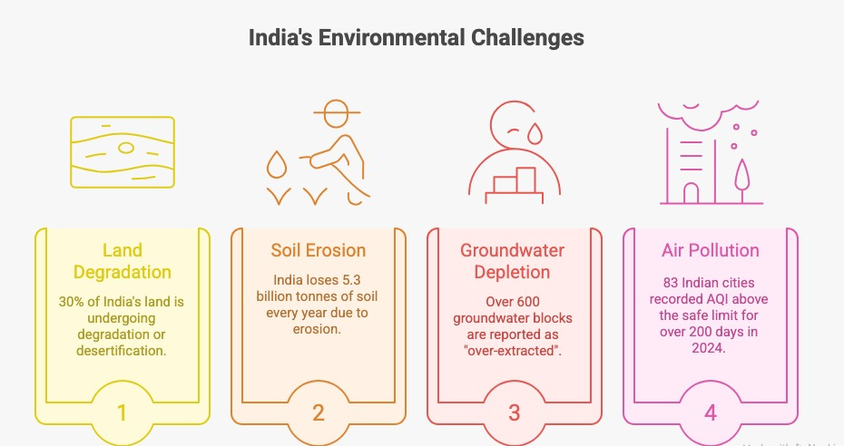 A fact-based infographic showing India’s declining land availability, rising soil degradation, groundwater stress, and AQI crisis, highlighting the urgency of land investment in India.