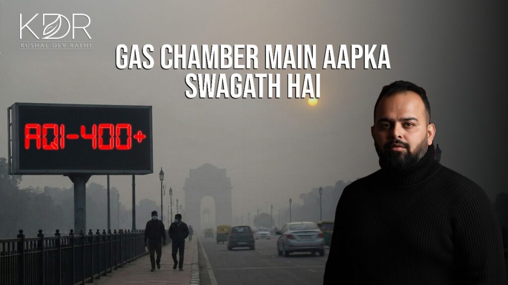 Main banner showing Delhi pollution analysis 2025 with AQI insights, air quality data, and a message about building a healthier future.