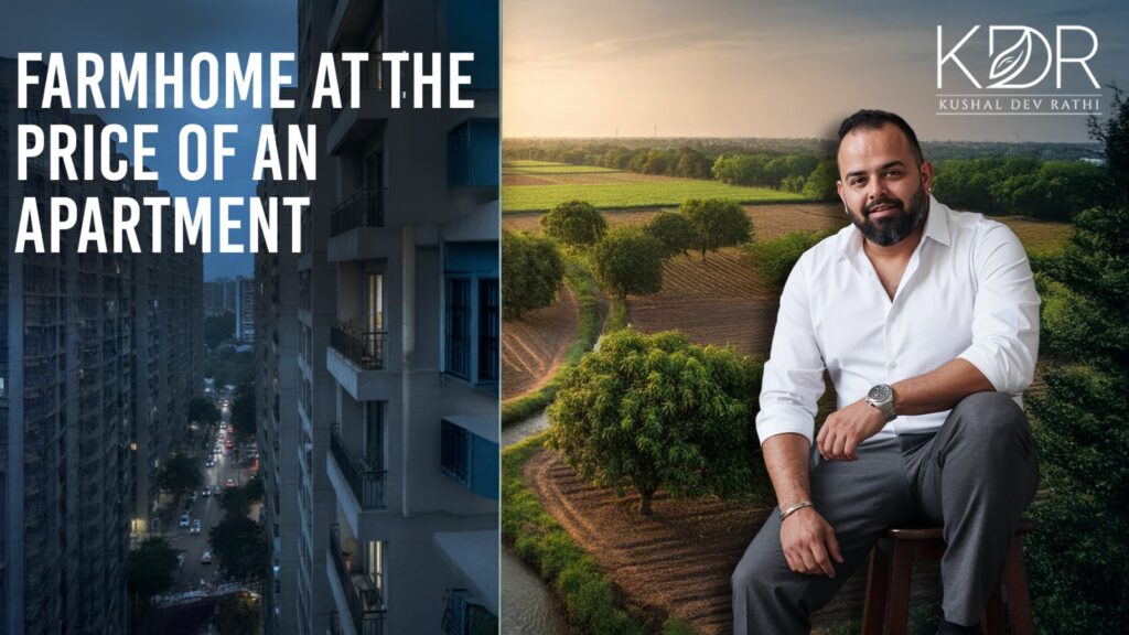 A scenic farmhome landscape contrasted with a city apartment, visually showing why farmland is the new asset in India for modern investors.