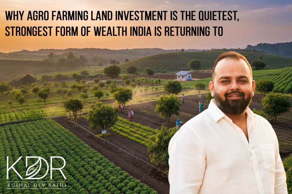 A green sustainable farmhouse in Noida Sector 151 surrounded by open lawns and trees, showing a healthy family lifestyle with children playing outdoors in a pollution-free natural environment.