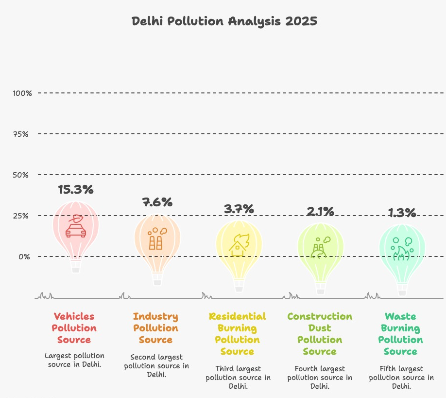 Infographic showing Delhi pollution analysis for 6 December 2025 with AQI 333, PM2.5 levels 20–35 times above WHO limits, pollution sources like vehicles and construction dust, and future health impacts for 2035.