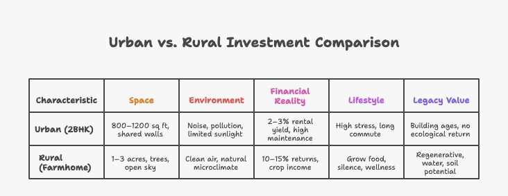 A comparison infographic showing what you get for the price of a 2BHK apartment versus a farmhome—contrasting limited urban square feet with 1–3 acres of farmland, clean air, food production, and multi-dimensional returns.