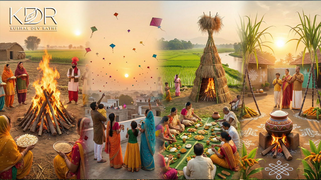 Main blog banner showing Indian harvest festivals like Lohri, Makar Sankranti, Magh Bihu, and Pongal, representing Indian festivals unity in diversity through shared harvest traditions across regions.