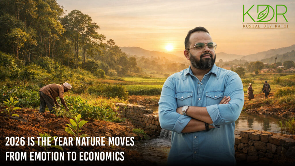 Green Credit Programme India 2026 visual showing nature moving from emotion to economics through forest restoration, healthy land systems, and soil-based wealth.