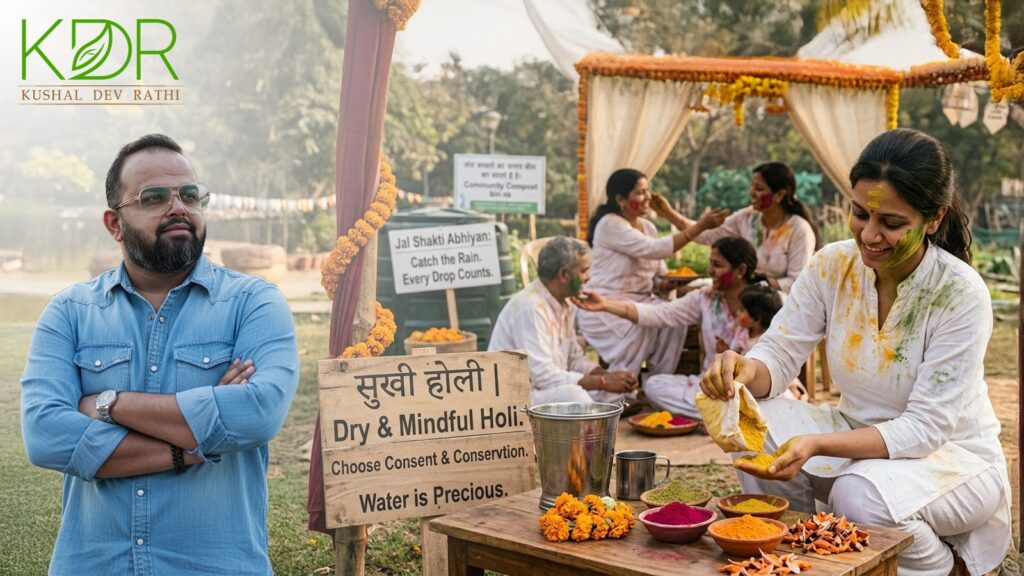 Water-saving Holi celebration with dry herbal colours, natural gulal, and mindful eco friendly Holi practices promoting sustainable living and water conservation.