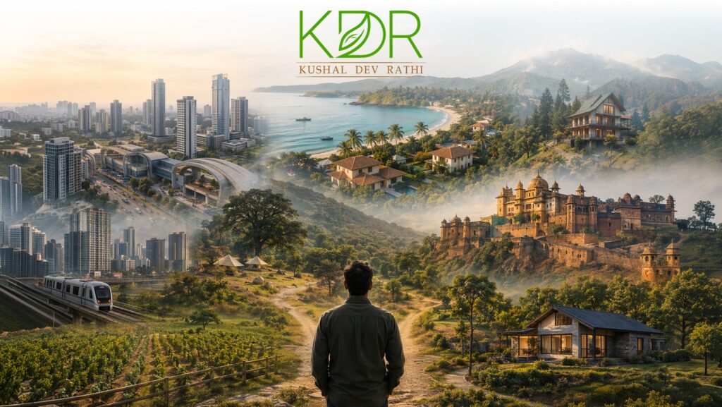 Banner showing sustainable living in India with open land, nature, and evolving real estate lifestyle trends over 20 years