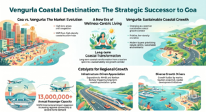 Infographic showcasing why Vengurla Coastal Destination is emerging as India’s next major coastal growth corridor after Goa. The design highlights Goa’s rising saturation, the impact of MOPA International Airport, infrastructure expansion, tourism growth, sustainable coastal living trends, and increasing investor interest in the Konkan region. Visual elements include pristine beaches, coastal landscapes, airport connectivity, tourism icons, and investment growth indicators reflecting eco-centric coastal development.