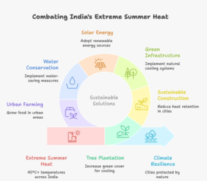  Infographic showing India’s extreme summer heat in 2026 with rising temperatures above 45°C, climate change impacts, urban heat islands, pollution, and sustainable solutions like tree plantation, green infrastructure, renewable energy, and water conservation.
