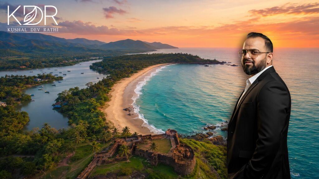 Scenic aerial view of Sindhudurg's coastline featuring pristine beaches, coastal landscapes, tourism attractions, infrastructure development, and sustainable growth opportunities highlighting why Sindhudurg is emerging on India's coastal investment watchlist.