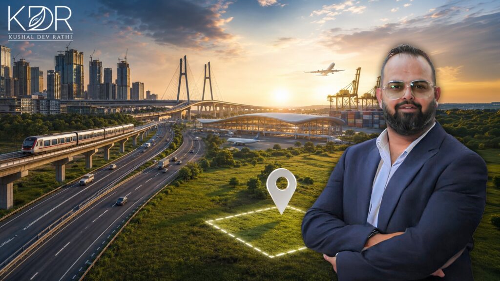 A panoramic view of a modern Indian expressway connecting a smart city skyline, metro rail, industrial corridor, logistics hub, and international airport, representing Infrastructure-led land investments in India and the country's infrastructure-driven economic growth.