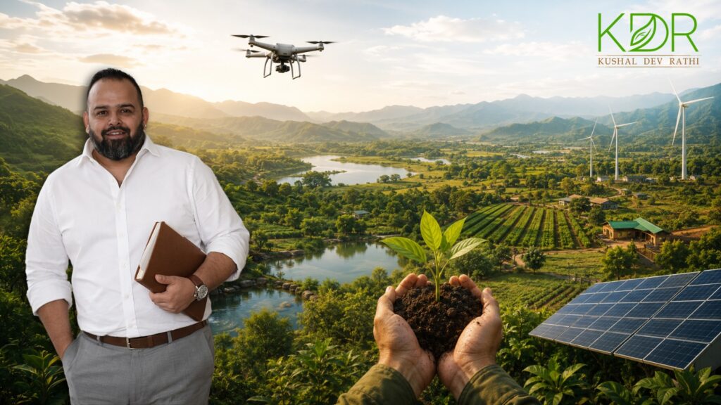 A panoramic landscape showcasing lush green regenerative farmland, healthy soil, thriving trees, and sustainable agricultural ecosystems, representing Regenerative Land Investment as the future of long-term wealth creation and climate resilience in India.