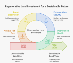 Infographic illustrating how regenerative land investment is becoming a future-ready asset class through healthy soils, climate resilience, biodiversity, and India's sustainability goals.