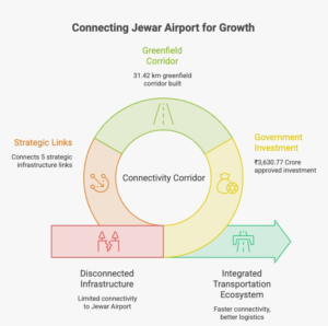 Infographic illustrating the Jewar Airport Connectivity Corridor, highlighting the ₹3,630.77 crore investment, 31.42 km corridor, five integrated transport networks, and its expected impact on connectivity, logistics, employment, and sustainable regional development.