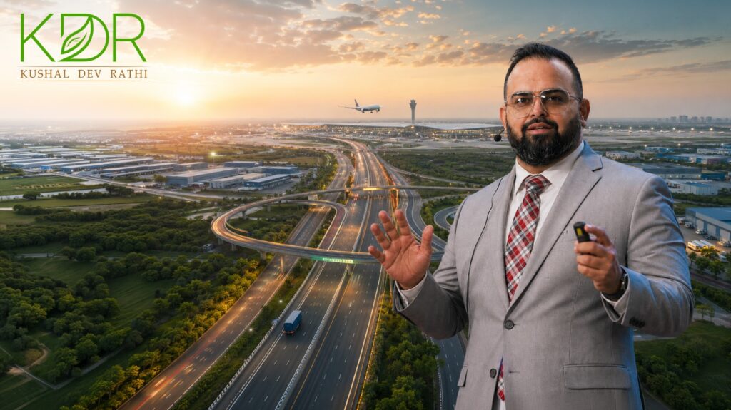 A panoramic view of the Jewar Airport Connectivity Corridor showcasing modern expressways, the upcoming Noida International Airport, green infrastructure, and North India's emerging investment corridor.