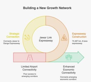Infographic showing Jewar Airport connectivity through the 74.467 km Jewar Link Expressway, ₹8,585.51 crore approved investment, six-lane configuration and future eight-lane expansion provision.